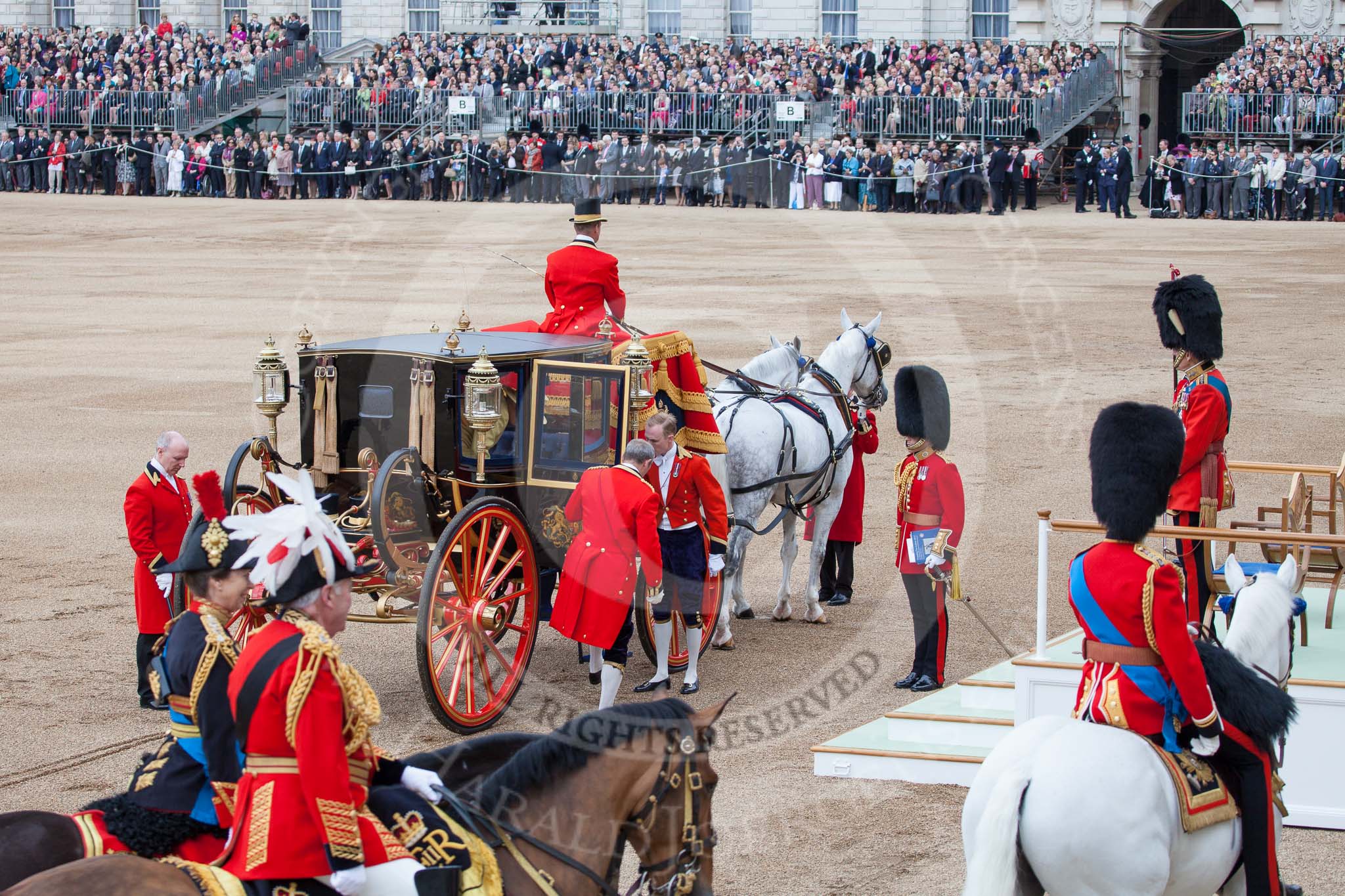 Trooping the Colour 2012: The Inspection of the Line is finished, and the Glass Coach carrying HM The Queen has returned to the saluting base..
Horse Guards Parade, Westminster,
London SW1,

United Kingdom,
on 16 June 2012 at 11:08, image #249