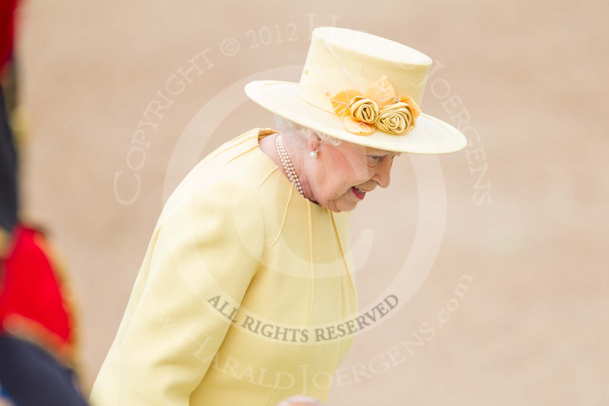 Trooping the Colour 2012: HM The Queen leaving the Glass Coach, after the Inspection of the Line, to step onto the saluting base..
Horse Guards Parade, Westminster,
London SW1,

United Kingdom,
on 16 June 2012 at 11:08, image #251