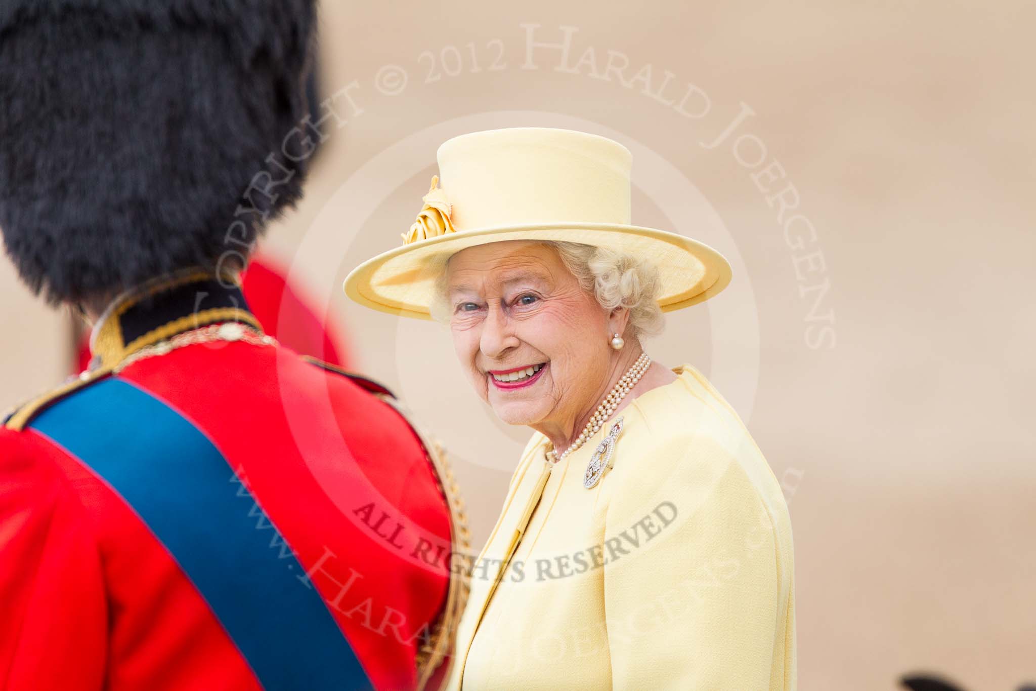 Trooping the Colour 2012: HM The Queen, after the Inspection of the Line back on the saluting basem with HRH The Prince Philip..
Horse Guards Parade, Westminster,
London SW1,

United Kingdom,
on 16 June 2012 at 11:08, image #252