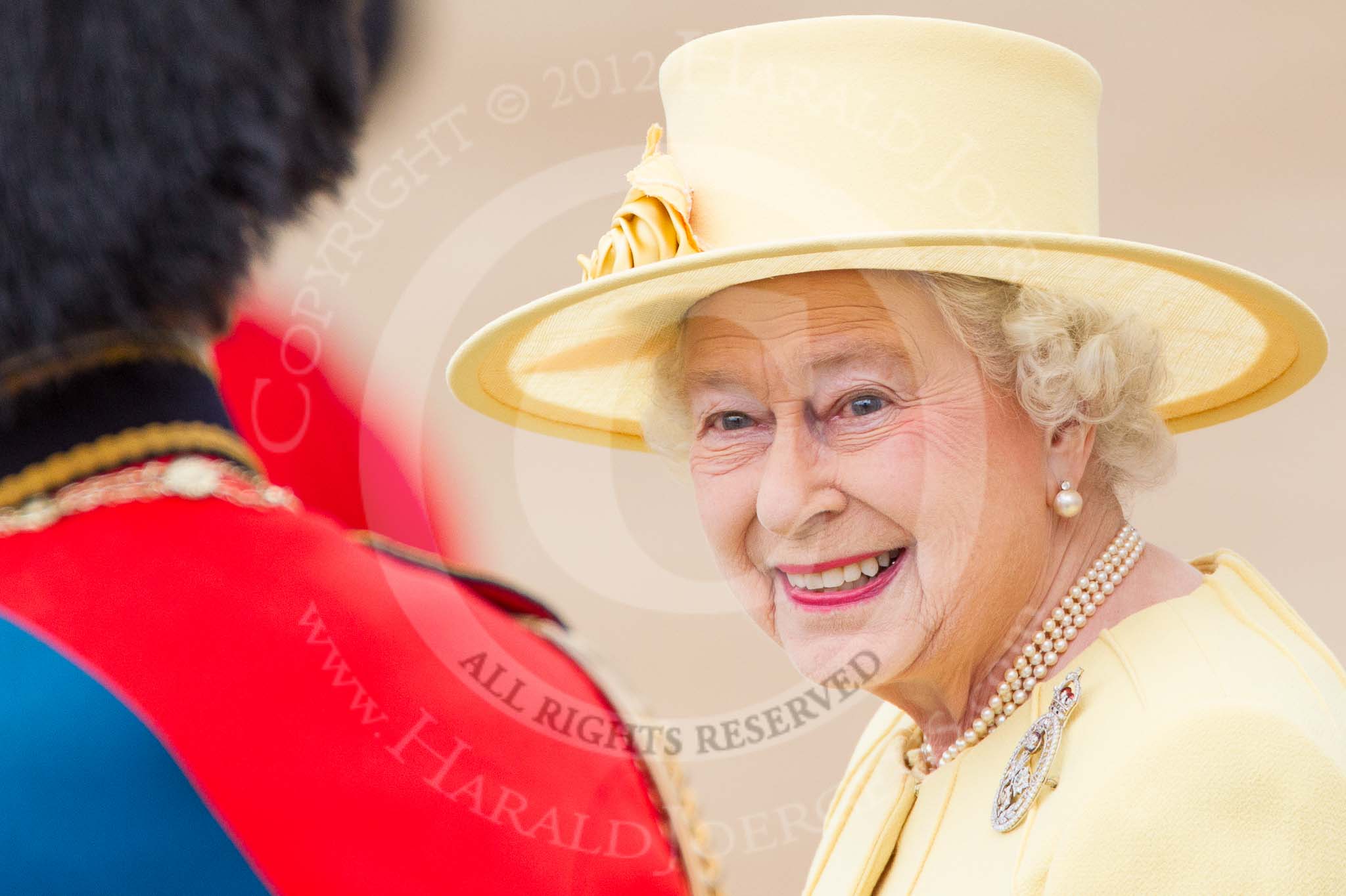 Photo 1206161108331D43828HaraldJoergens Trooping the Colour 2012: A close-up view of HM The Queen, after the Inspection of the Line back on the saluting basem with HRH The Prince Philip..
Horse Guards Parade, Westminster,
London SW1,
United Kingdom,
on 16 June 2012 at 11:08, image #253