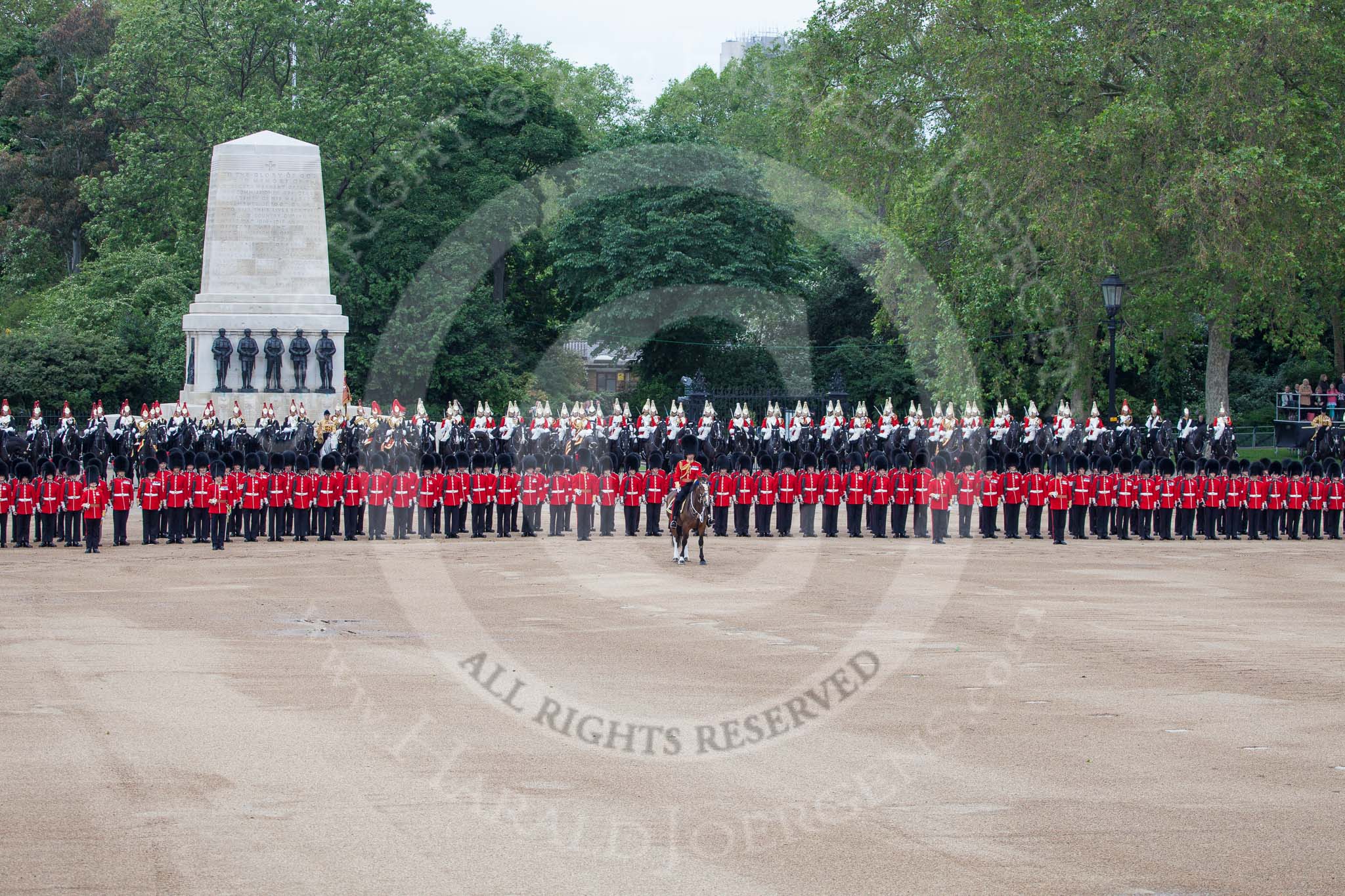 Trooping the Colour 2012: The next phase of the parade is about to begin -  the Massed Bands Troop. The Field Officer in front of guardsmen on the Northern line of Horse Guards Parade, in front of the Guards Memorial..
Horse Guards Parade, Westminster,
London SW1,

United Kingdom,
on 16 June 2012 at 11:09, image #256