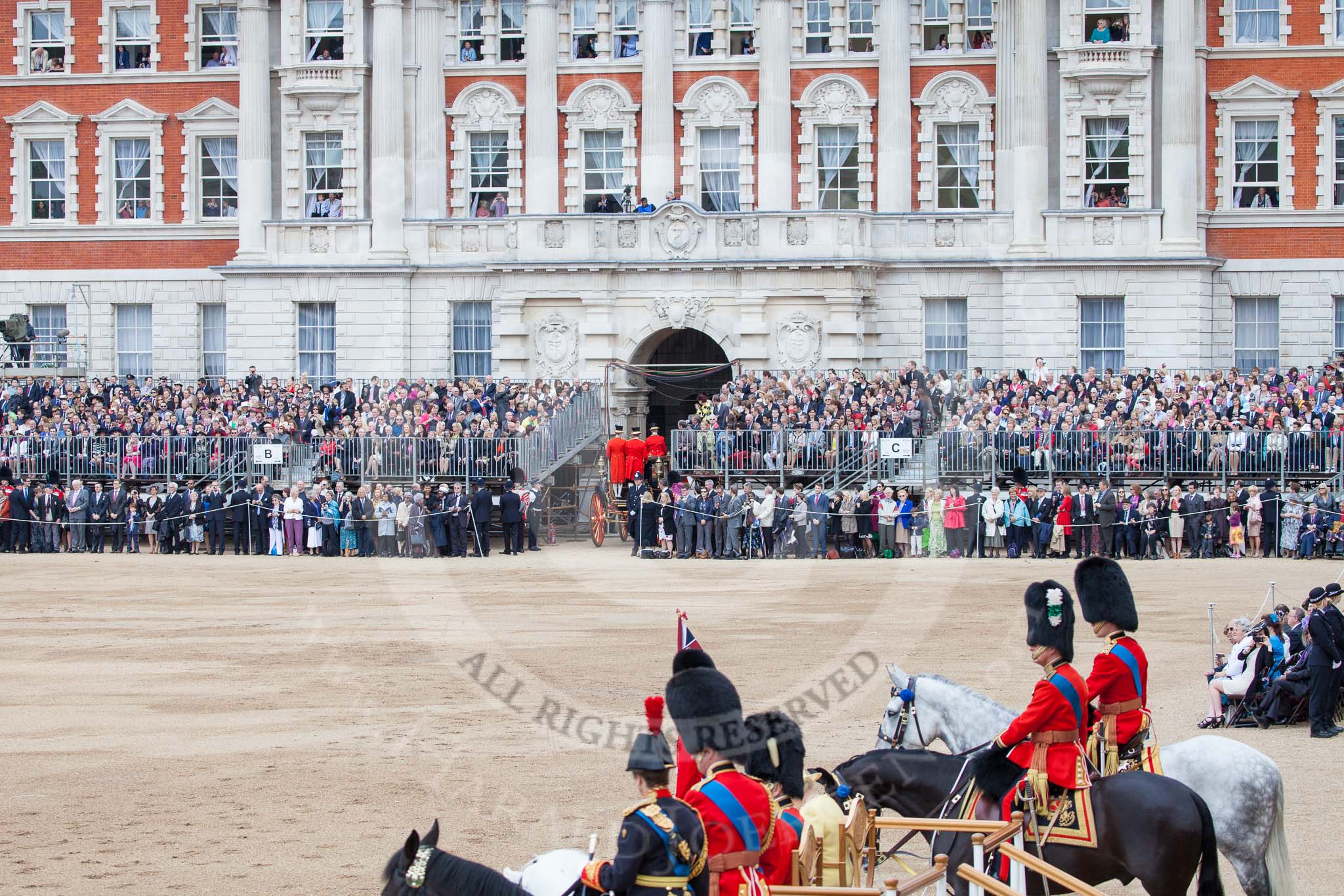 Trooping the Colour 2012: The Glass Coach is driven away through an arch of the Old Admirality Building..
Horse Guards Parade, Westminster,
London SW1,

United Kingdom,
on 16 June 2012 at 11:09, image #258
