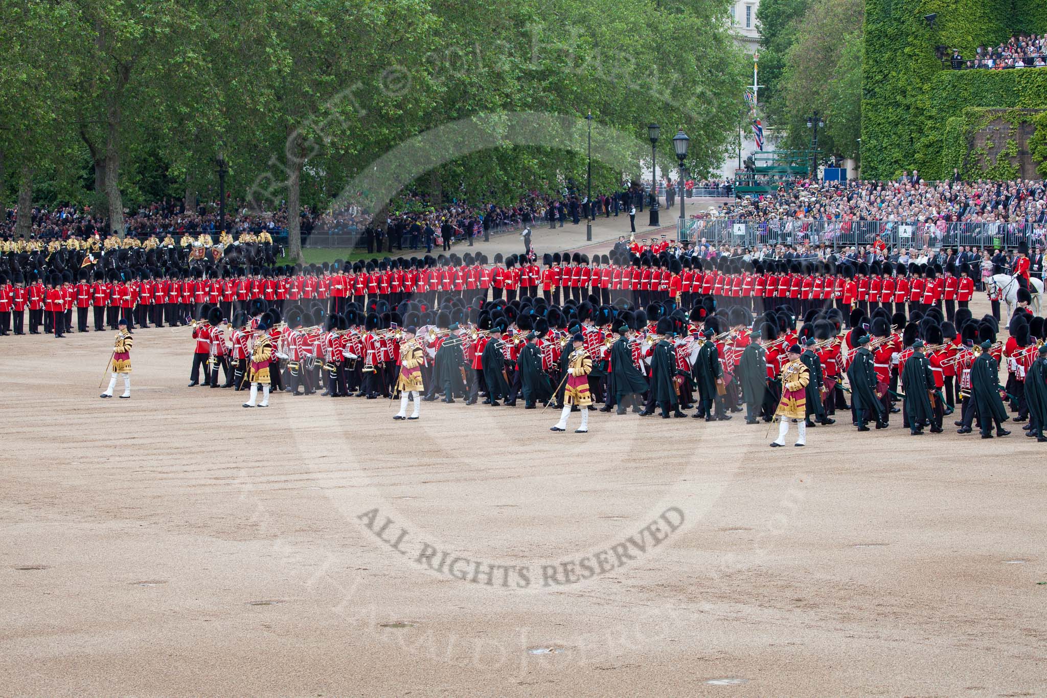 Trooping the Colour 2012: The Massed Bands Troop begins, the Massed Bands are reversing their marching direction, with the five Drum Majors in the lead..
Horse Guards Parade, Westminster,
London SW1,

United Kingdom,
on 16 June 2012 at 11:11, image #268