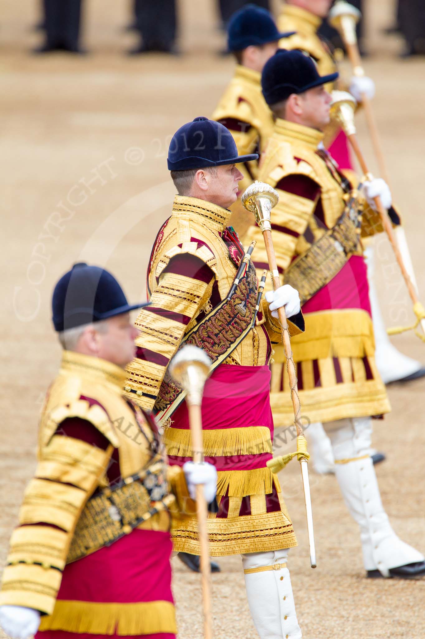 Trooping the Colour 2012: The five Drum Majors during the Massed Bands Troop. In focus, with fascinating detail on the state uniform, Drum Major Stephen Staite, Grenadier Guards..
Horse Guards Parade, Westminster,
London SW1,

United Kingdom,
on 16 June 2012 at 11:14, image #280
