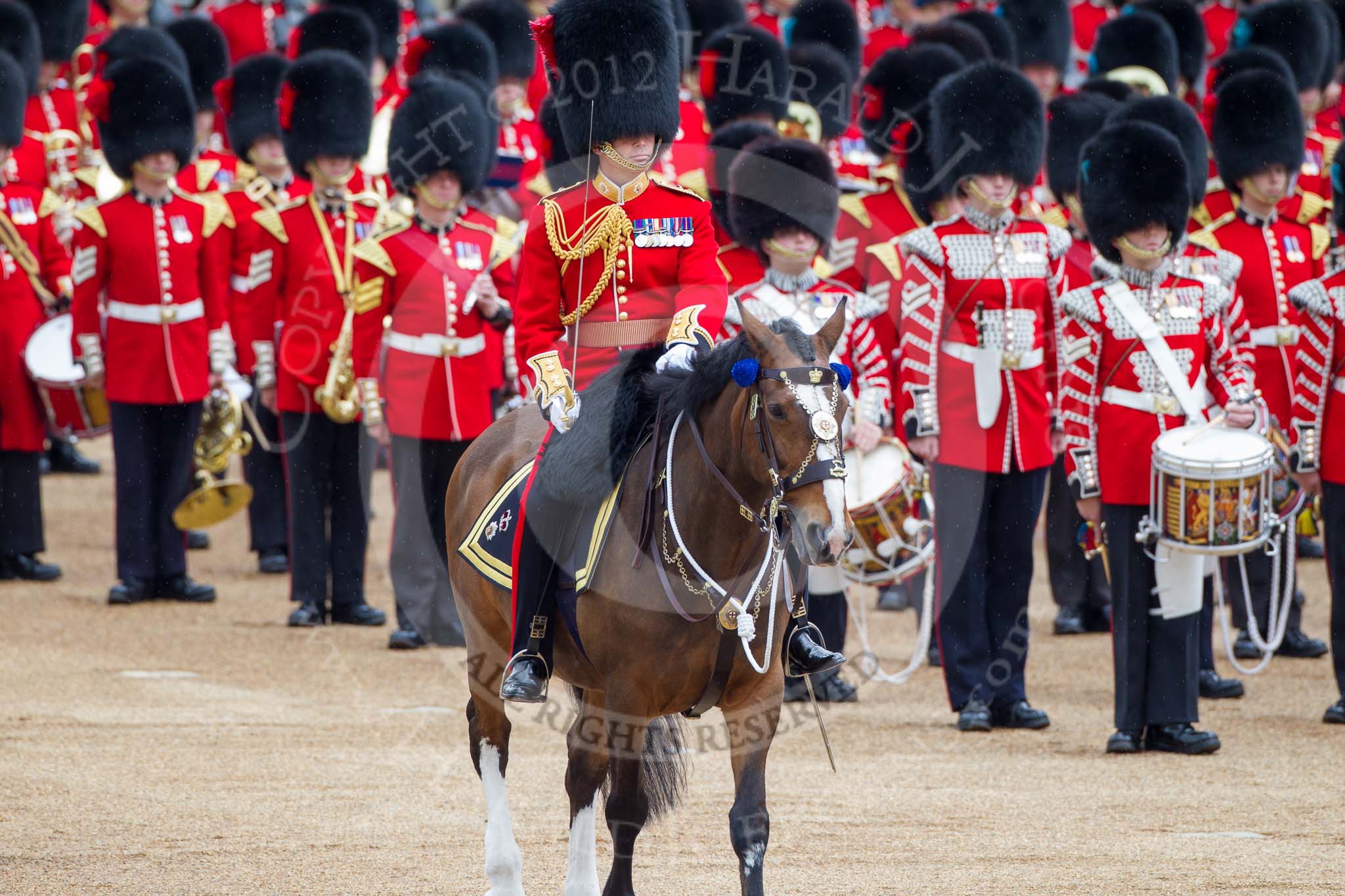 Photo 1206161120381D44121HaraldJoergens Trooping the Colour 2012: The Field Officer in Brigade Waiting, Lieutenant Colonel R C N Sergeant, Coldstream Guards, about to give the commands that start the next phase of the parade, the Collection of the Colour by the Escort..
Horse Guards Parade, Westminster,
London SW1,
United Kingdom,
on 16 June 2012 at 11:20, image #302