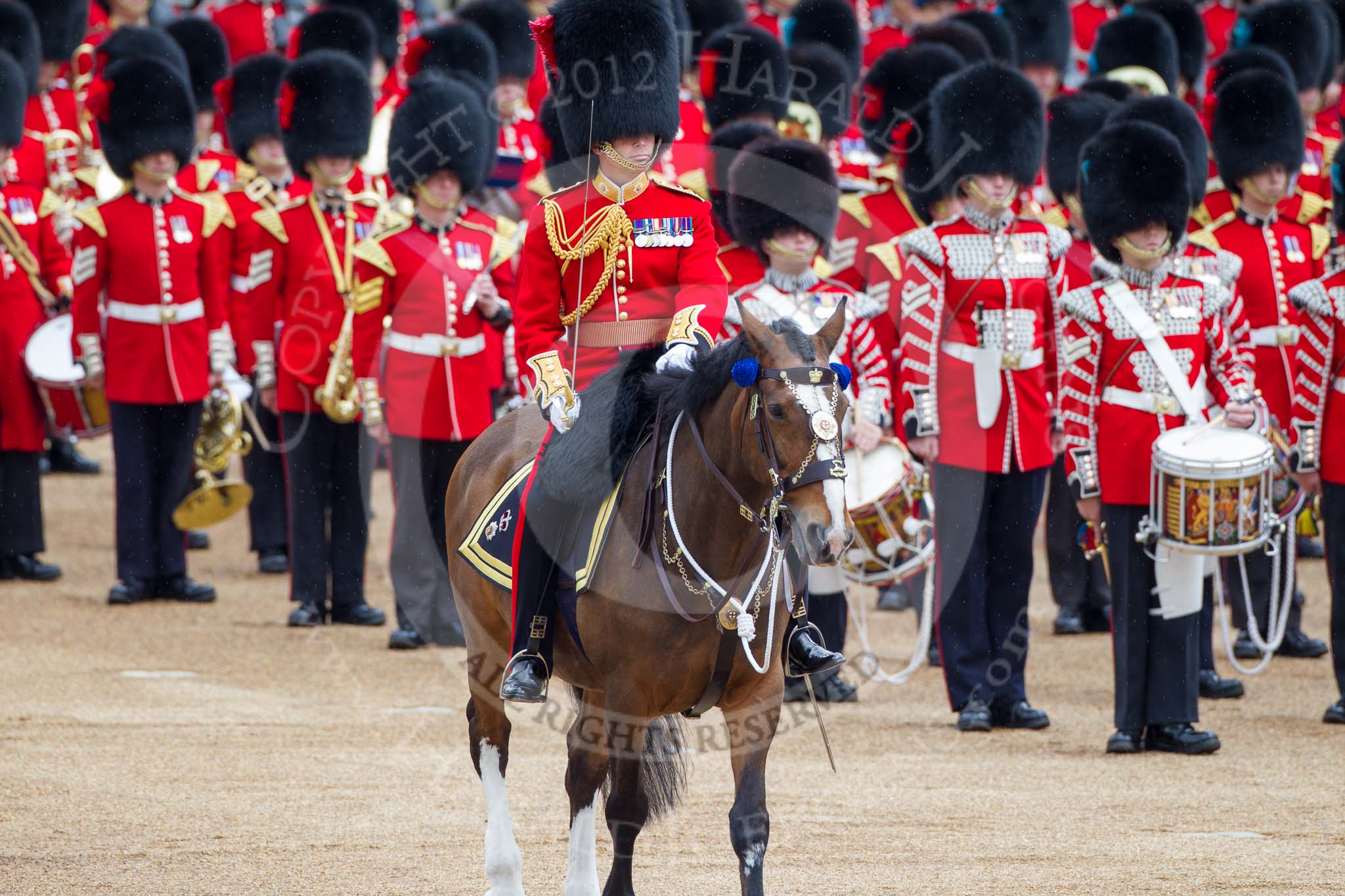 Trooping the Colour 2012: The Field Officer in Brigade Waiting, Lieutenant Colonel R C N Sergeant, Coldstream Guards, about to give the commands that start the next phase of the parade, the Collection of the Colour by the Escort..
Horse Guards Parade, Westminster,
London SW1,

United Kingdom,
on 16 June 2012 at 11:20, image #302