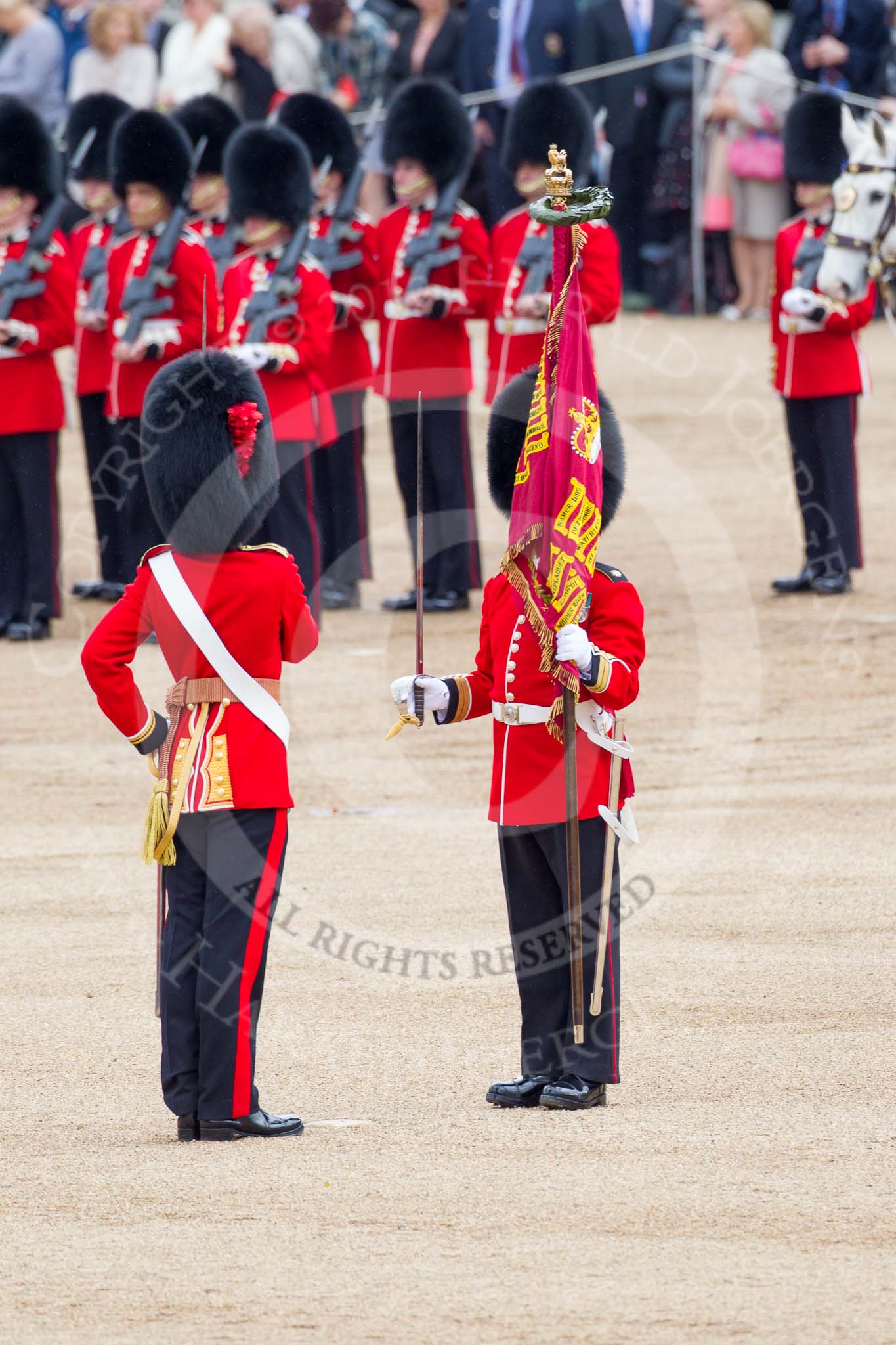 Trooping the Colour 2012: The Regimental Sergeant Major of No. 1 Guard, the Escort for the Colour, has received the Colour from the Colour Sergeant, and is about to hand it over to the Ensign..
Horse Guards Parade, Westminster,
London SW1,

United Kingdom,
on 16 June 2012 at 11:21, image #305
