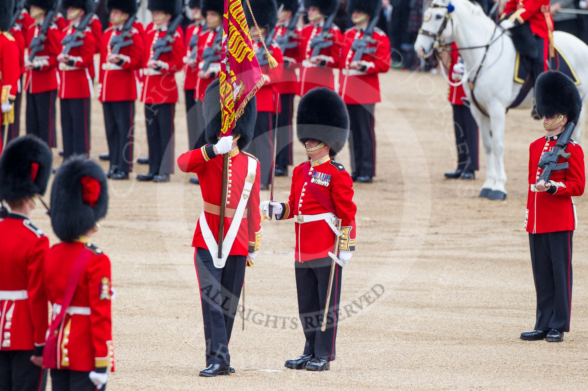 Trooping the Colour 2012: The handover is complete, and the Ensign turns towards the Escort to the Colour..
Horse Guards Parade, Westminster,
London SW1,

United Kingdom,
on 16 June 2012 at 11:21, image #310
