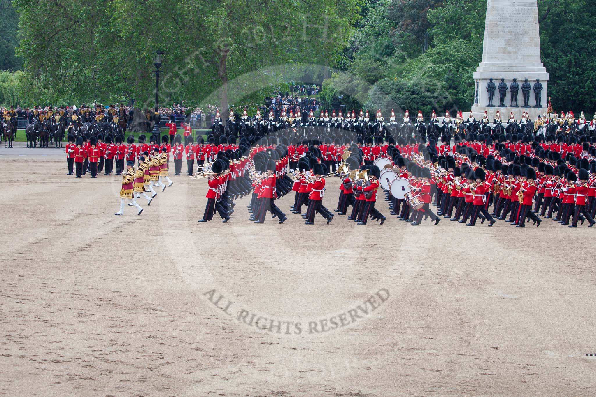 Trooping the Colour 2012: The Massed Bands are marchin towards the left hand side of Horse Guards Parade, whilst the Colour is beinf trooped along No. 6 Guard on the right hand side of the parade ground..
Horse Guards Parade, Westminster,
London SW1,

United Kingdom,
on 16 June 2012 at 11:25, image #341