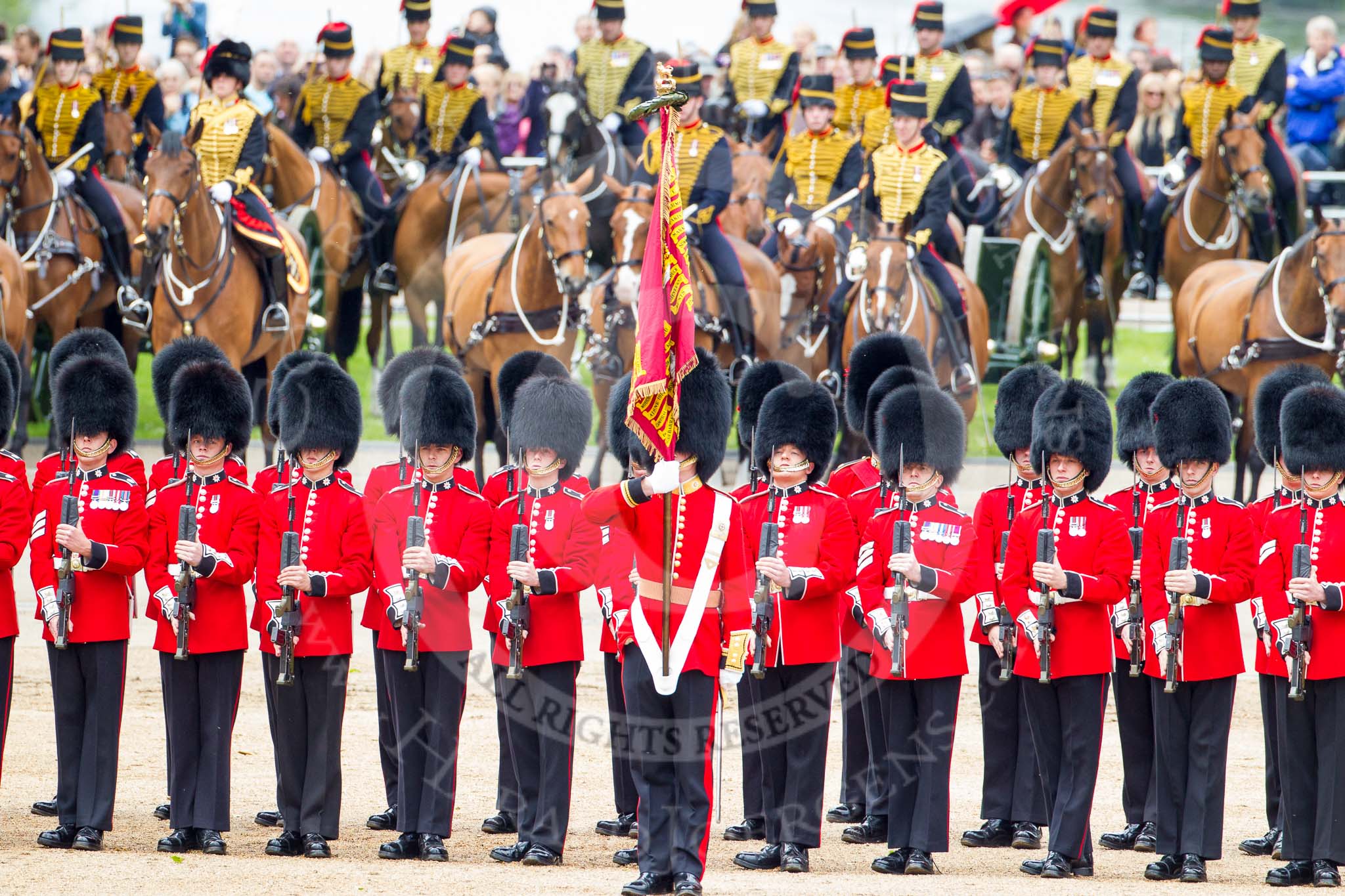 Trooping the Colour 2012: No. 1 Guard, the Escort to the Colour, presening arms, with the Ensign, Second Lieutenant Hugo Codrington, holding the Colour, in front..
Horse Guards Parade, Westminster,
London SW1,

United Kingdom,
on 16 June 2012 at 11:29, image #361