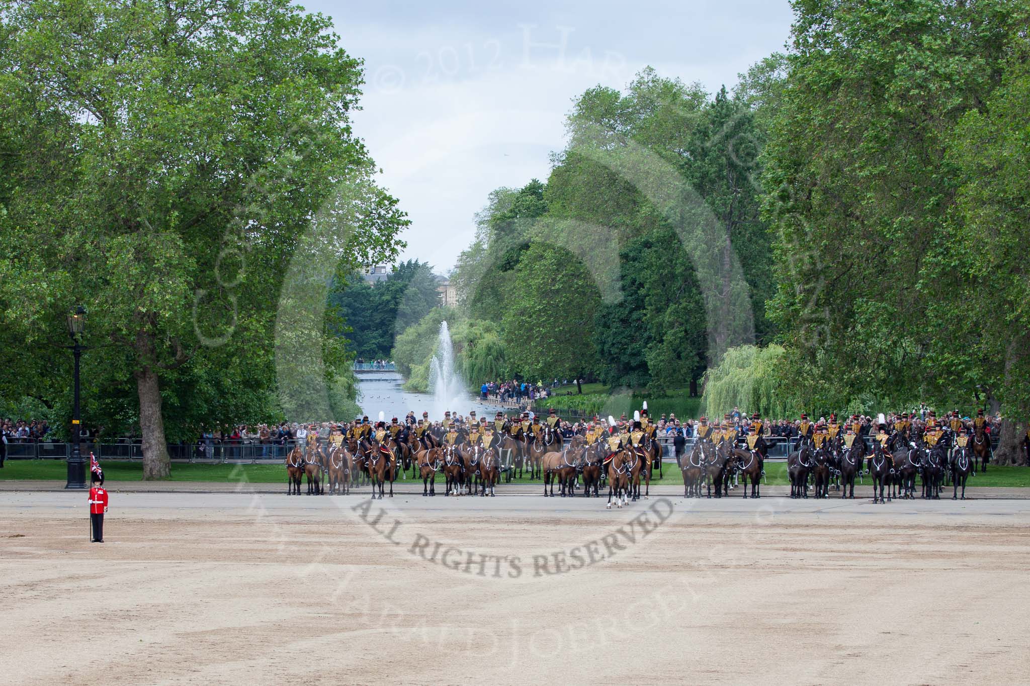 Trooping the Colour 2012: The King’s Troop Royal Horse Artillery waiting at the St. James's Park side of Horse Guards Parade for the Ride Past,.
Horse Guards Parade, Westminster,
London SW1,

United Kingdom,
on 16 June 2012 at 11:48, image #506