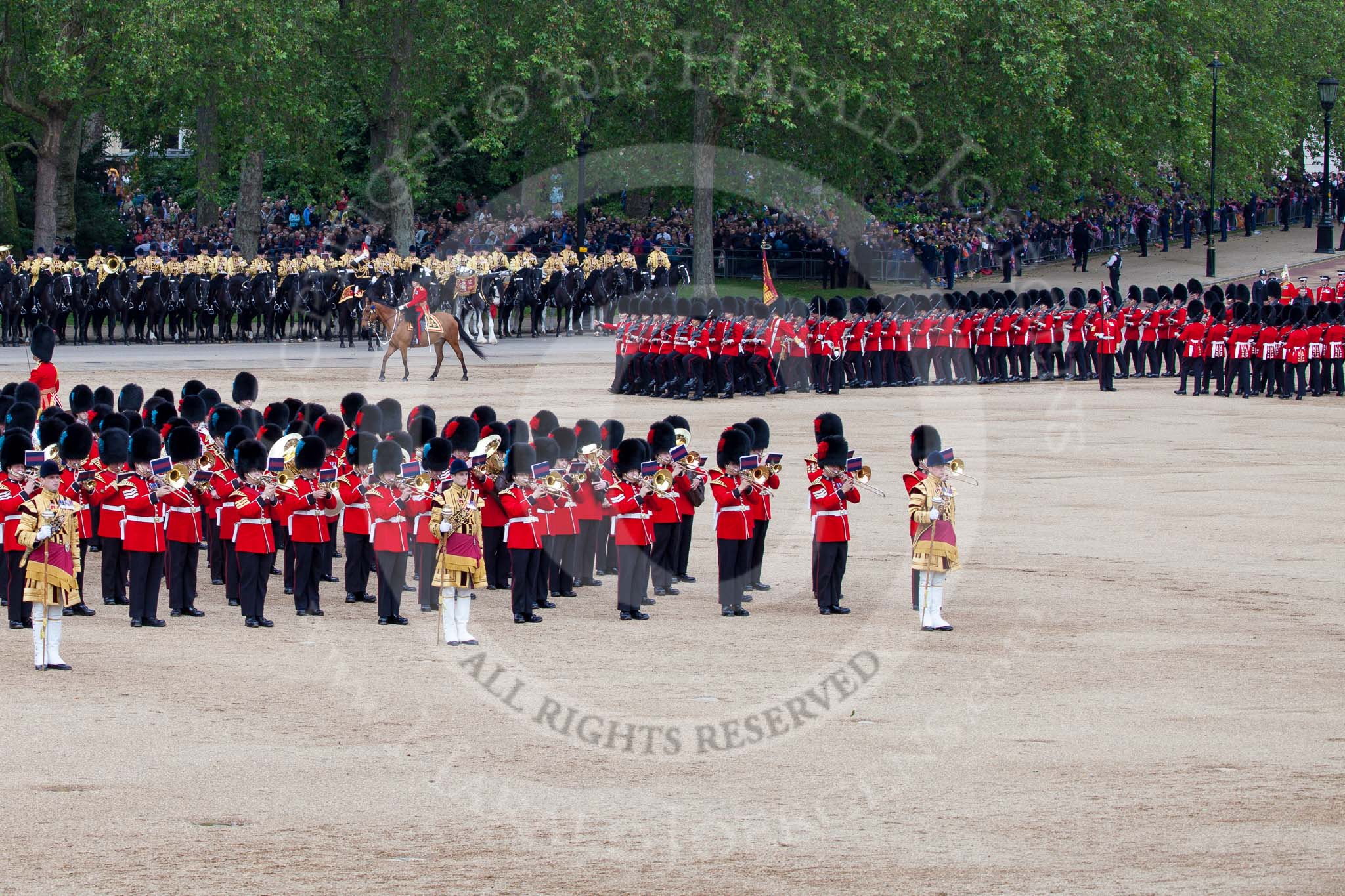 Trooping the Colour 2012: The March Past in Quick Time, the guards divisions turning left again along St. James's Park..
Horse Guards Parade, Westminster,
London SW1,

United Kingdom,
on 16 June 2012 at 11:48, image #508