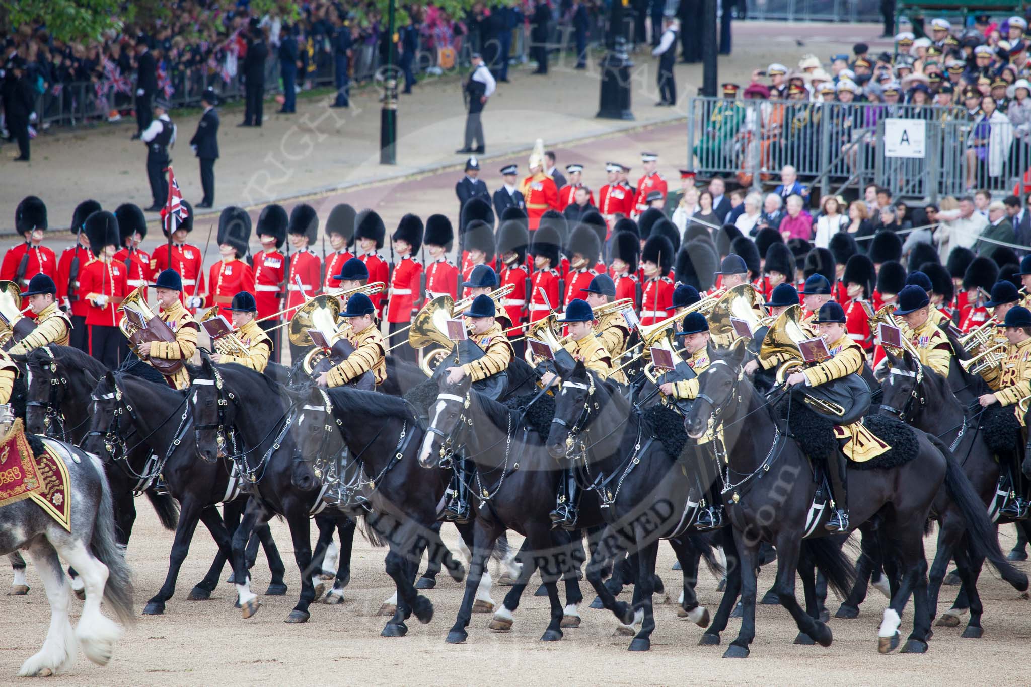 Trooping the Colour 2012: At the beginning of the Ride Past, when The King’s Troop Royal Horse Artillery moves onto the western side of Horse Guards Parade, the Mounted Bands of the Household Cavalry come from the eastern side onto the parade ground..
Horse Guards Parade, Westminster,
London SW1,

United Kingdom,
on 16 June 2012 at 11:53, image #530
