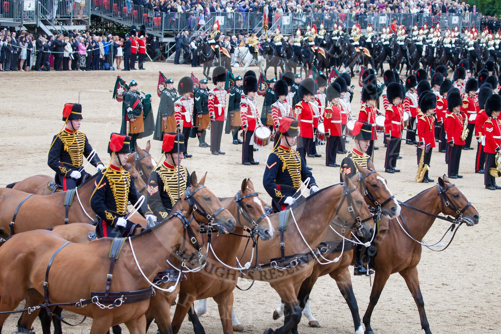 Trooping the Colour 2012: At the booto of the image the six horses pulling the first 13-pounder gun during the Ride Past..
Horse Guards Parade, Westminster,
London SW1,

United Kingdom,
on 16 June 2012 at 11:54, image #544