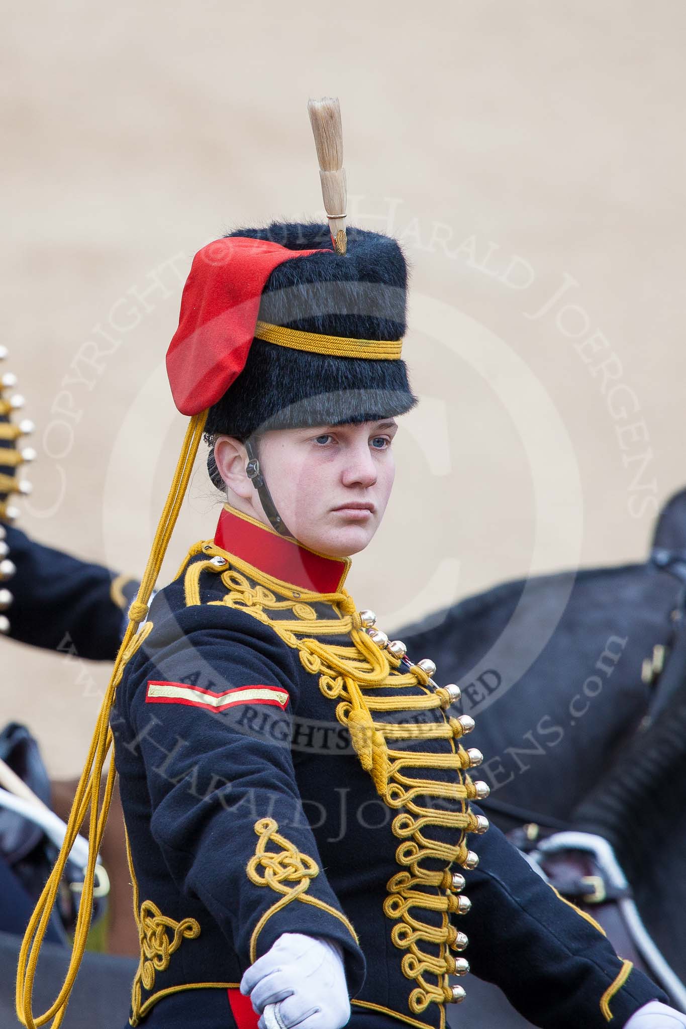 Trooping the Colour 2012: Close-up of a young lady from the Royal Horse Artillery during the Ride Past..
Horse Guards Parade, Westminster,
London SW1,

United Kingdom,
on 16 June 2012 at 11:55, image #553