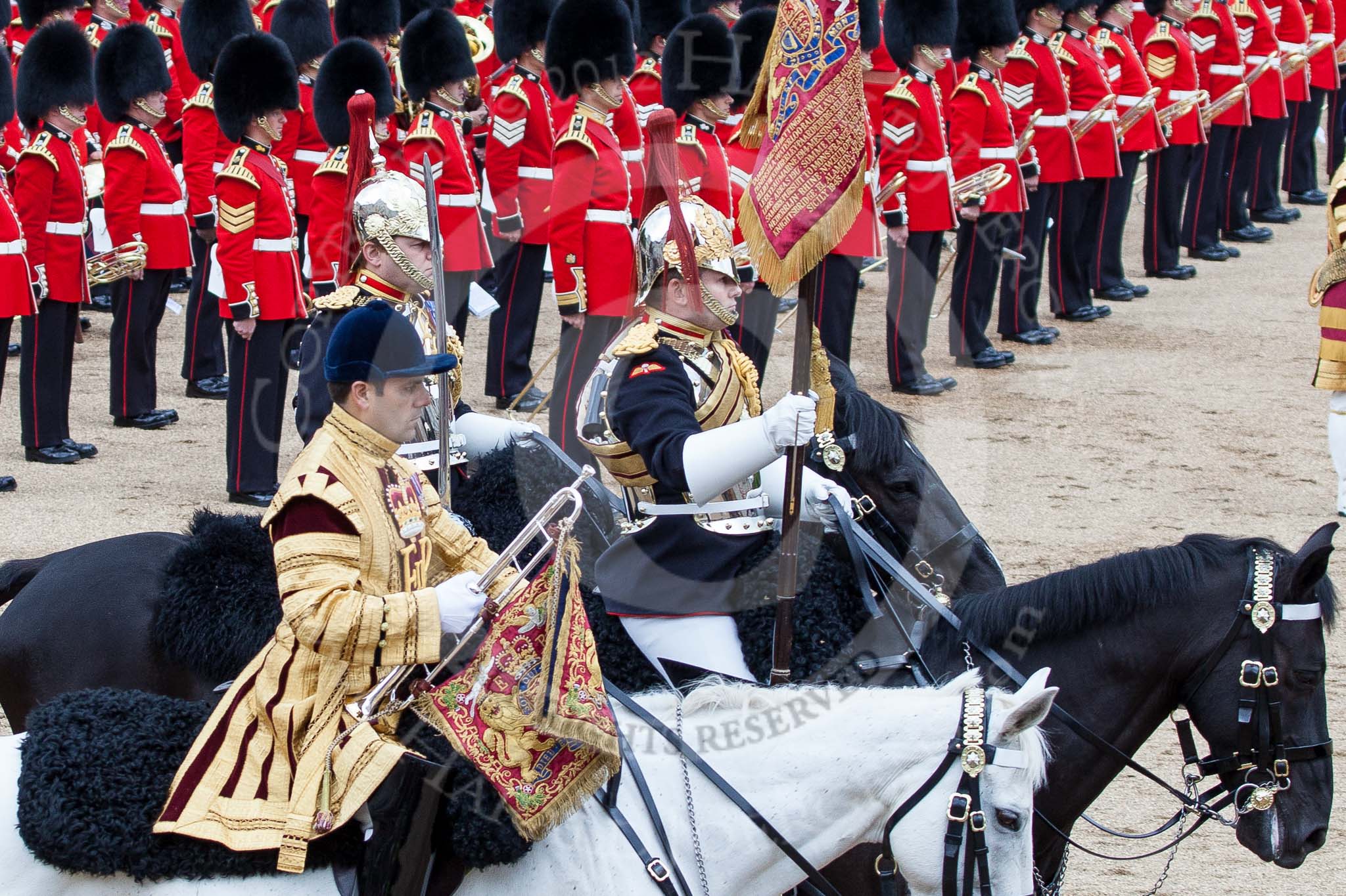 Trooping the Colour 2012: Trumpeter, Standard Bearer, and Standard Coverer during the Ride Past..
Horse Guards Parade, Westminster,
London SW1,

United Kingdom,
on 16 June 2012 at 11:55, image #557