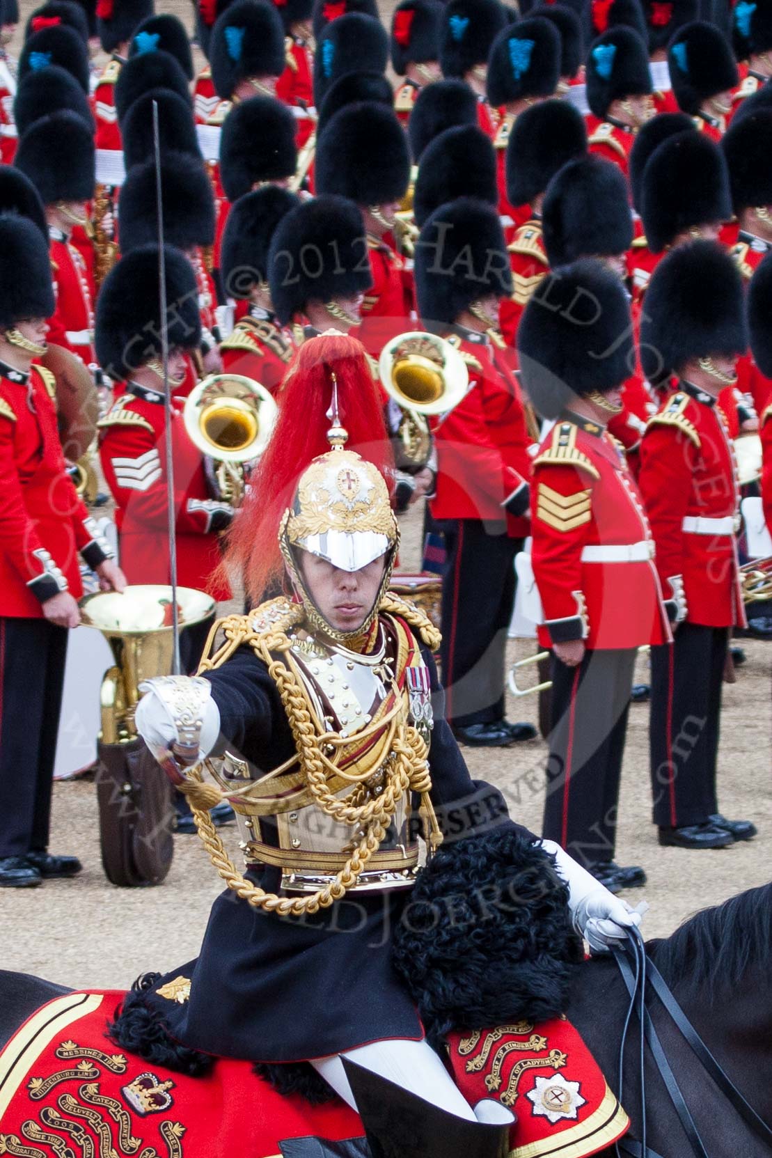 Trooping the Colour 2012: The Escort Commander, Captain S S Lukas, The Blues and Royals, saluting during the Ride Past..
Horse Guards Parade, Westminster,
London SW1,

United Kingdom,
on 16 June 2012 at 11:55, image #559