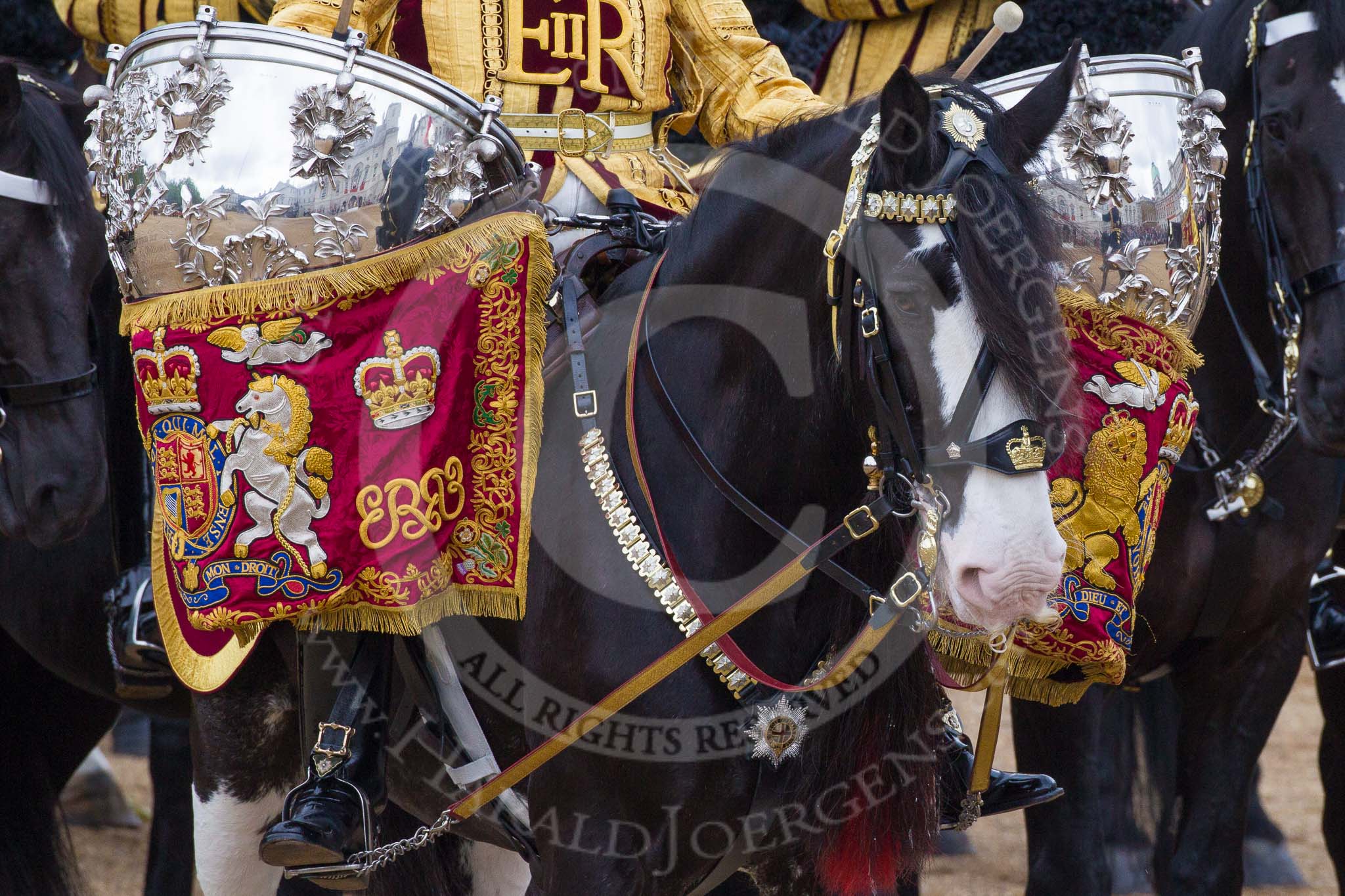 Trooping the Colour 2012: Drum Horse and Kettle Drums. The Mounted Bands of the Household Cavalry during the Ride Past..
Horse Guards Parade, Westminster,
London SW1,

United Kingdom,
on 16 June 2012 at 11:57, image #581