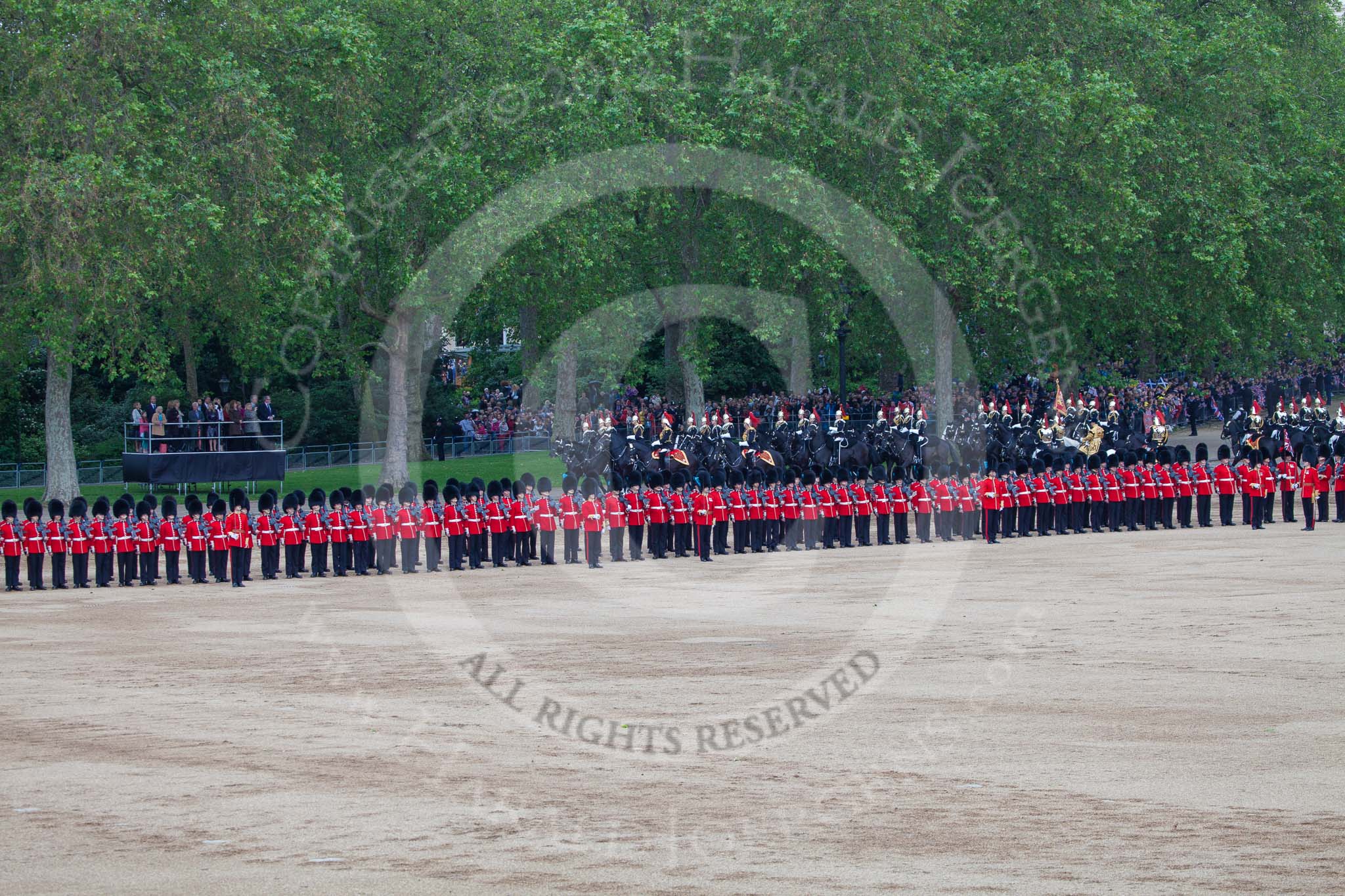 Trooping the Colour 2012: The Ride Past: The Blues and Royals, leading the Ride Past, behind the double line of guardsmen formed by No. 1 to No. 6 Guard..
Horse Guards Parade, Westminster,
London SW1,

United Kingdom,
on 16 June 2012 at 12:01, image #603