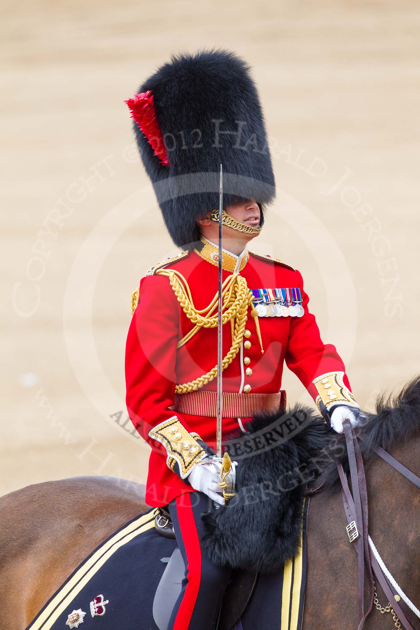 Trooping the Colour 2012: The Field Officer in Brigade Waiting, Lieutenant Colonel R C N Sergeant, Coldstream Guards, informing Her Majesty that Her Guards are ready to march off..
Horse Guards Parade, Westminster,
London SW1,

United Kingdom,
on 16 June 2012 at 12:08, image #637