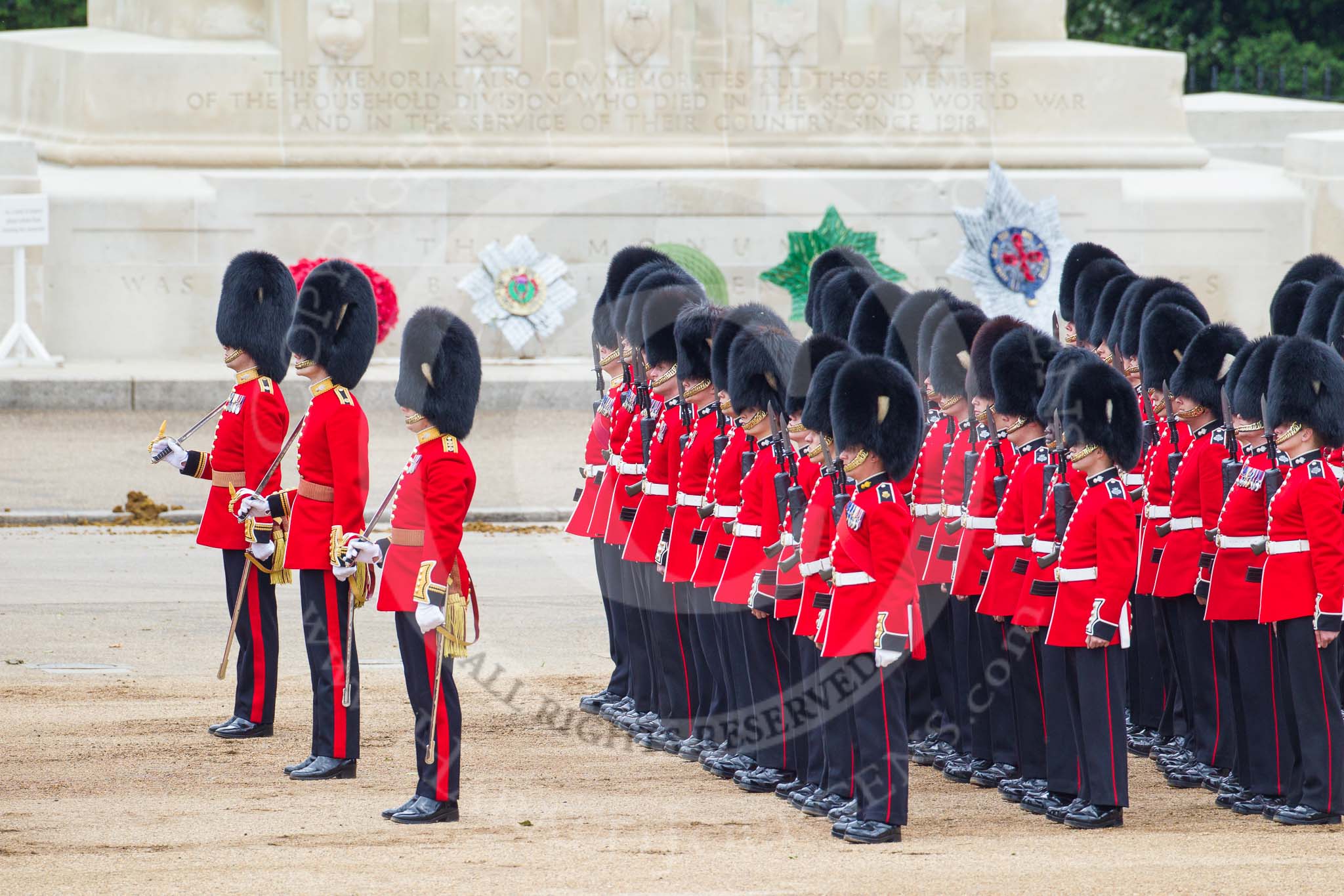 Trooping the Colour 2012: The troops are ready for the March Off - here No. 4 Guard, Nijmegen Company Grenadier Guards, in front of the Guards Memorial..
Horse Guards Parade, Westminster,
London SW1,

United Kingdom,
on 16 June 2012 at 12:08, image #645