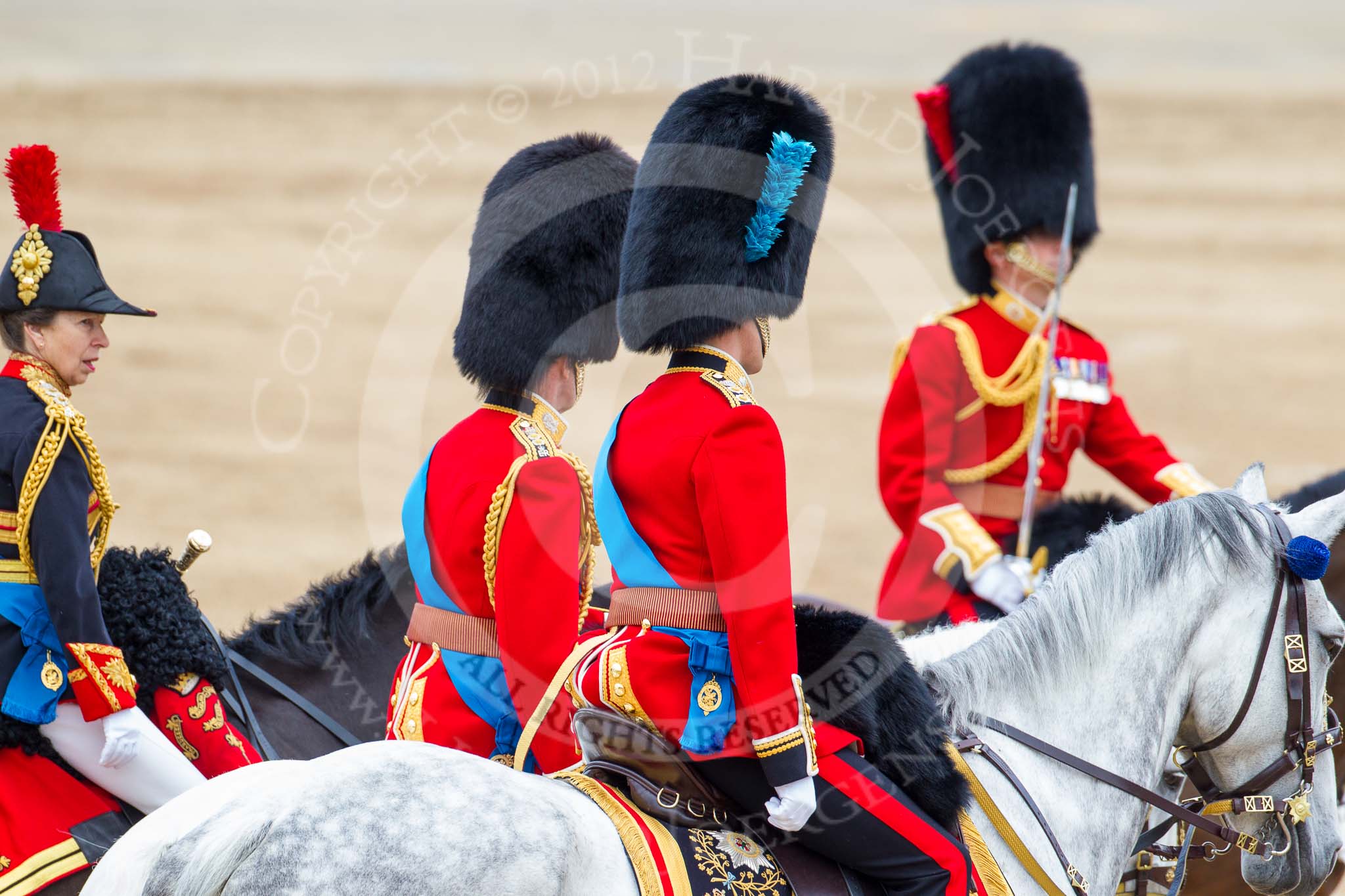 Trooping the Colour 2012: Three Royal Colonels at the end of the parade - HRH The Princess Royal, HRH The Duke of Kent, and HRH The Duke of Cambridge. On the right the Field Officer..
Horse Guards Parade, Westminster,
London SW1,

United Kingdom,
on 16 June 2012 at 12:11, image #672