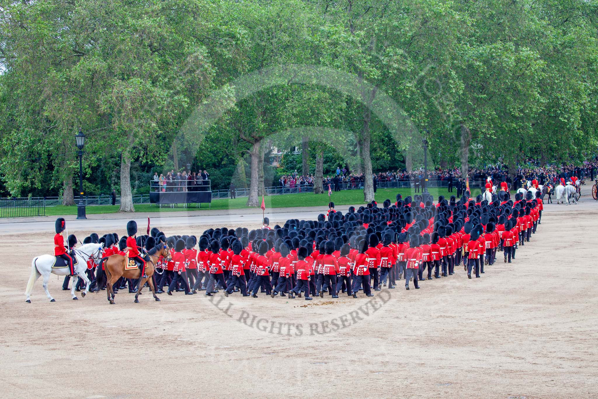 Trooping the Colour 2012: The March Off - All the guardsmen from No. 1 to No. 6 Guard are leaving, behind the Massed Bands and the Royal Procession, Horse Guards Parade towards The Mall..
Horse Guards Parade, Westminster,
London SW1,

United Kingdom,
on 16 June 2012 at 12:13, image #681