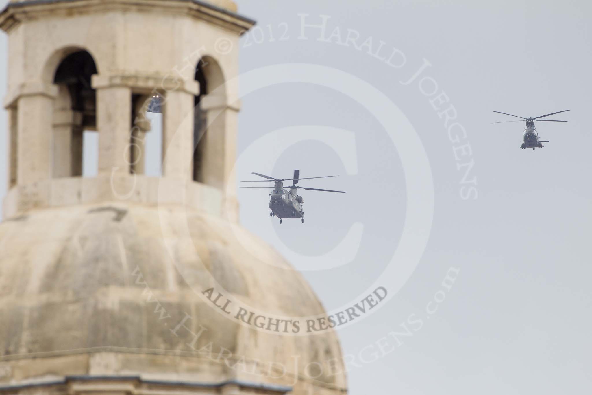 Trooping the Colour 2012: The flypast:  A Merlin- and Chinook helicopter about to fly over Horse Guards Building..
Horse Guards Parade, Westminster,
London SW1,

United Kingdom,
on 16 June 2012 at 12:59, image #715