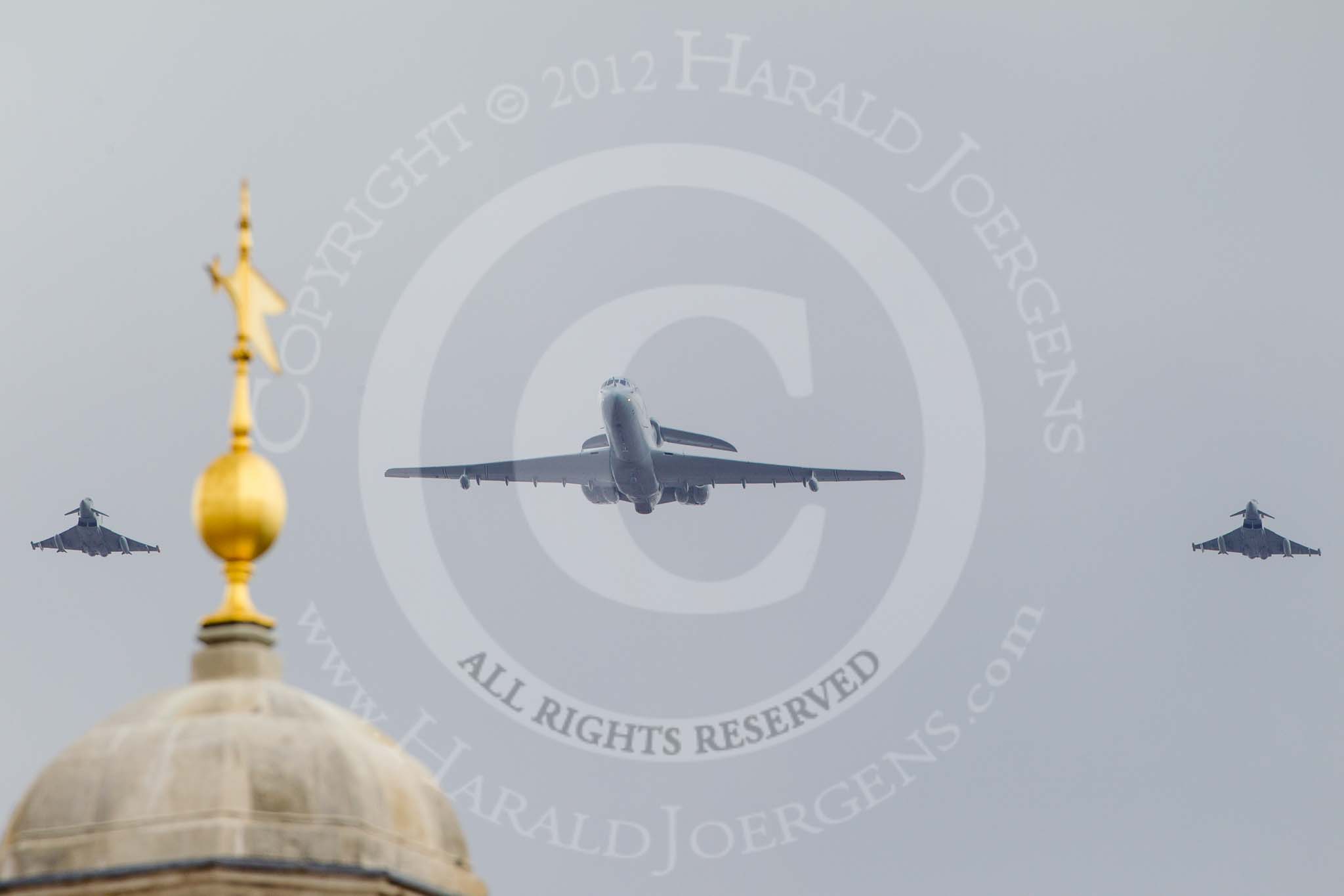 Trooping the Colour 2012: The Flypast: VC10 and two Eurofighter, about to fly over Horse Guards Building..
Horse Guards Parade, Westminster,
London SW1,

United Kingdom,
on 16 June 2012 at 13:01, image #725