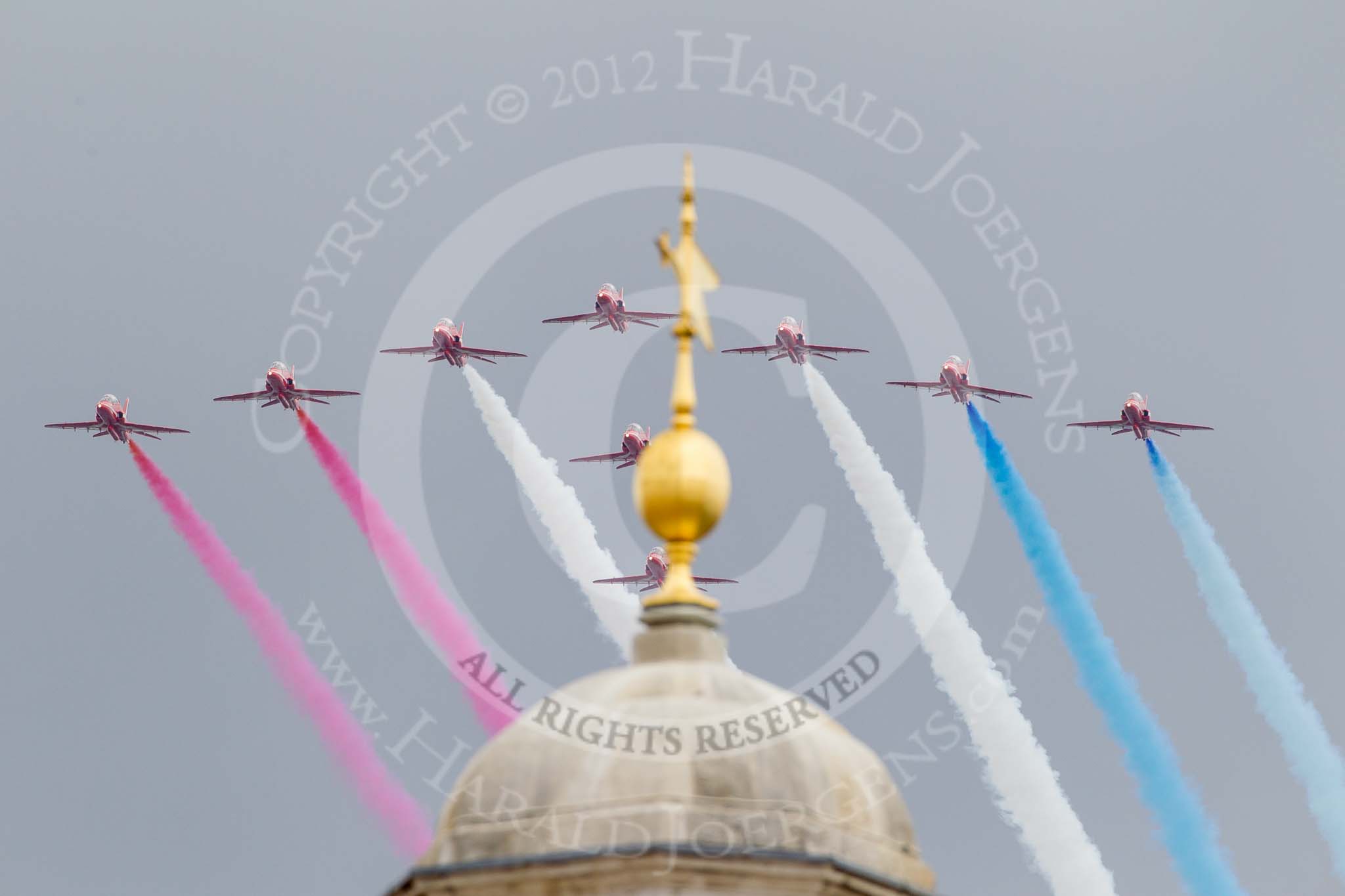 Trooping the Colour 2012: The Flypast: The Red Arrows about to fly over Horse Guards Building..
Horse Guards Parade, Westminster,
London SW1,

United Kingdom,
on 16 June 2012 at 13:02, image #734