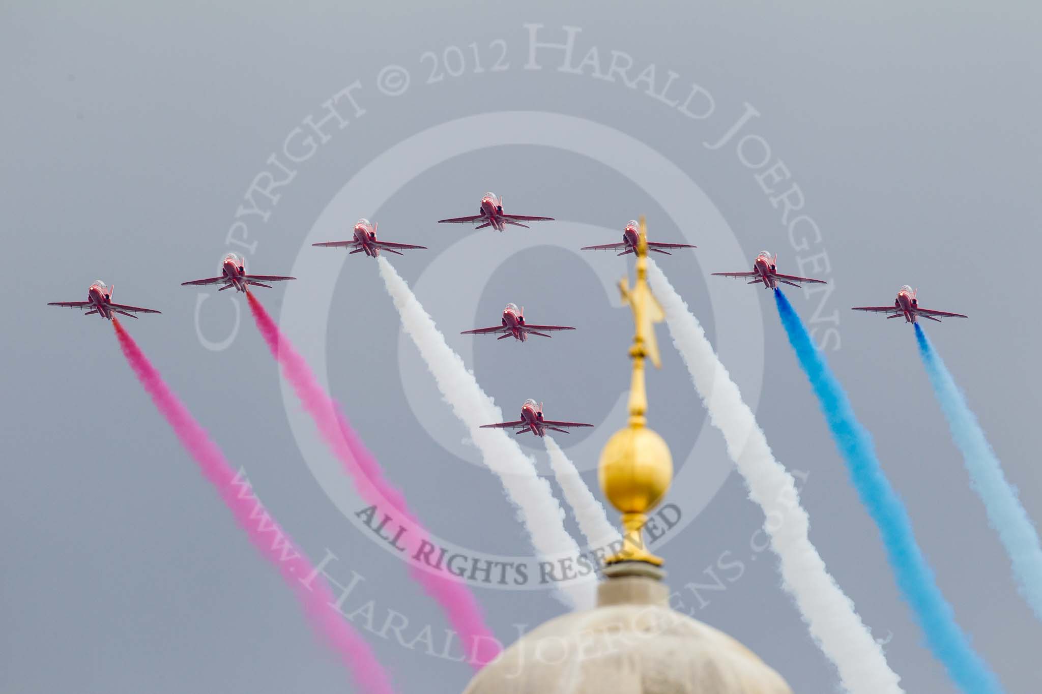 Trooping the Colour 2012: The Flypast: The Red Arrows about to fly over Horse Guards Building..
Horse Guards Parade, Westminster,
London SW1,

United Kingdom,
on 16 June 2012 at 13:02, image #735