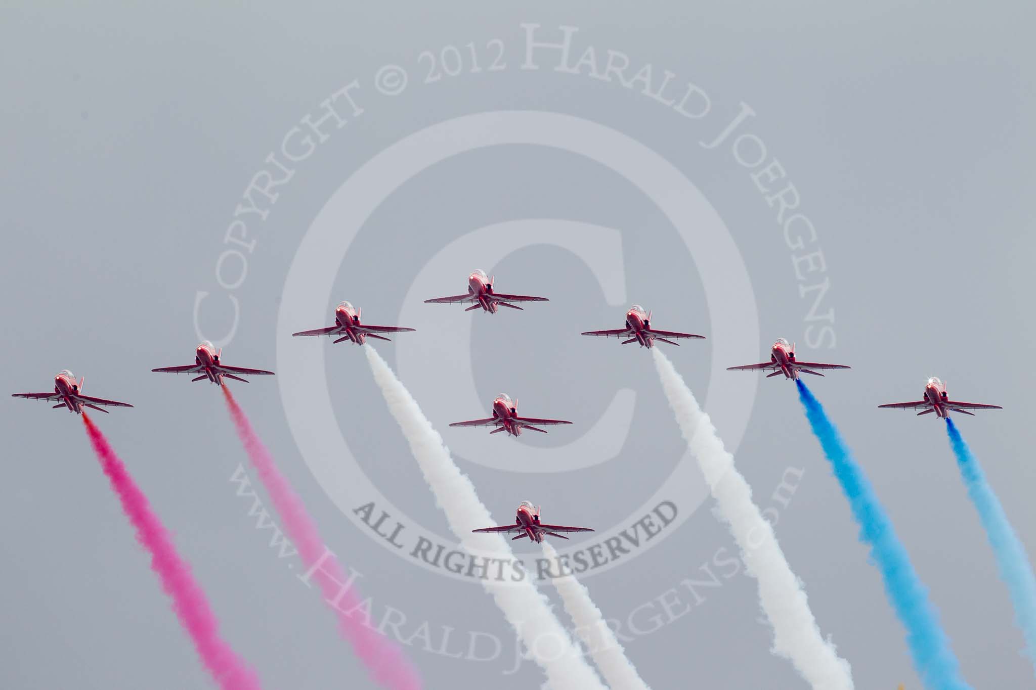 Trooping the Colour 2012: The Flypast: The Red Arrows..
Horse Guards Parade, Westminster,
London SW1,

United Kingdom,
on 16 June 2012 at 13:02, image #737