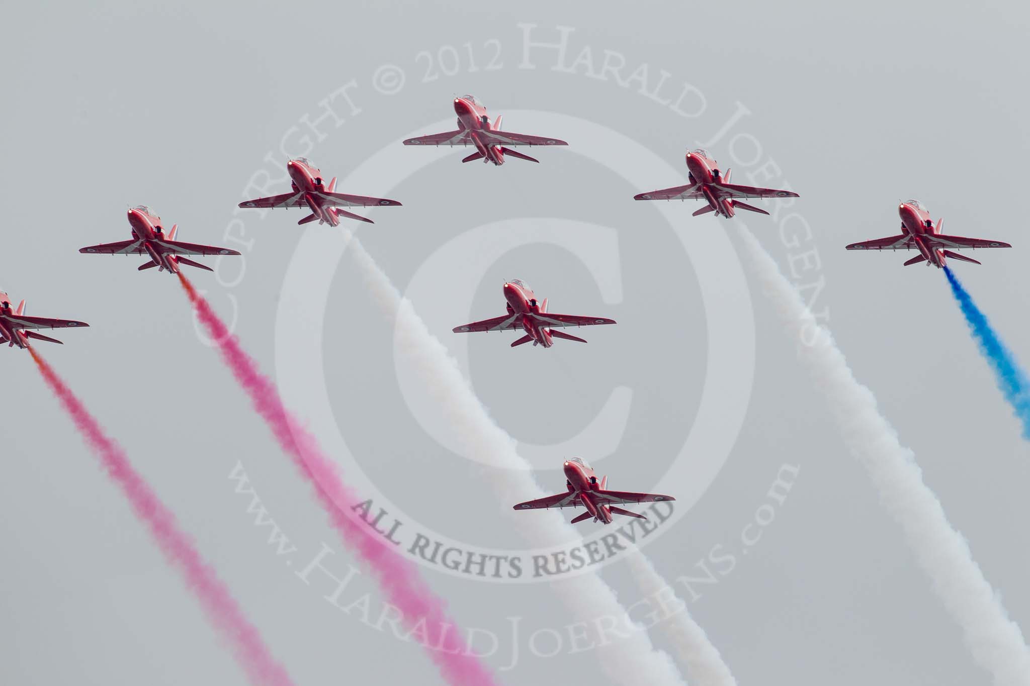 Trooping the Colour 2012: The Flypast: The Red Arrows..
Horse Guards Parade, Westminster,
London SW1,

United Kingdom,
on 16 June 2012 at 13:02, image #739