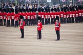 Trooping the Colour 2012: The Colour Party in position at the Eastern side of Horse Guards Parade. Colour Sereant Paul Baines MC with the two sentries, guardsmen Gareth Effrington and Kyle Dunbarth..
Horse Guards Parade, Westminster,
London SW1,

United Kingdom,
on 16 June 2012 at 10:32, image #74