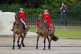 Trooping the Colour 2012: Two outriders (female liveried grooms from the Royal Mews) leading the first group of carriages..
Horse Guards Parade, Westminster,
London SW1,

United Kingdom,
on 16 June 2012 at 10:50, image #116