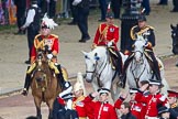 Trooping the Colour 2012: The Master of the Horse, The Lord Vestey, behind him, in the red uniform, the Equerry in Waiting to Her Majesty, Lieutenant Colonel A F Matheson of Matheson, younger, and the Crown Equerry, Colonel W T Browne..
Horse Guards Parade, Westminster,
London SW1,

United Kingdom,
on 16 June 2012 at 10:58, image #152
