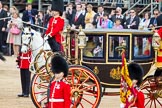 Trooping the Colour 2012: HM The Queen during the Inspection of the Line in the Glass Coach. On the left the Adjutant of the Parade, in the foreground the Colour Sergeant with the Regimental Colour, and one of his Sentries..
Horse Guards Parade, Westminster,
London SW1,

United Kingdom,
on 16 June 2012 at 11:04, image #224