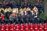 Trooping the Colour 2012: The four Troopers from the Blues and Royal following Andrew Speed as the head of the Royal Procession during the Inspection of the Line. In front No. 5 Guard, behind them the Mounted Bands of the Household Cavalry..
Horse Guards Parade, Westminster,
London SW1,

United Kingdom,
on 16 June 2012 at 11:05, image #227