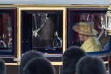 Trooping the Colour 2012: A closer look HM The Queen in the Glass Coach inspecting the Blues and Royals. In front the bearskins of guardsmen from No. 1 Guard..
Horse Guards Parade, Westminster,
London SW1,

United Kingdom,
on 16 June 2012 at 11:06, image #230