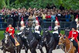 Trooping the Colour 2012: The Inspection of the Line - Brigade Major Household Division, Lieutenant Colonel A P Speed, Scots Guards, and the four Troopers of The Blues and Royals passing the Major of the Parade next to No. 1 Guard..
Horse Guards Parade, Westminster,
London SW1,

United Kingdom,
on 16 June 2012 at 11:06, image #231