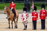 Trooping the Colour 2012: The Lone Drummer, Lance Sergeant Paul Blako, playing the  Drummers Call. Next to him, on horseback, the Major of the Parade, Major Mark Lewis, Welsh Guards..
Horse Guards Parade, Westminster,
London SW1,

United Kingdom,
on 16 June 2012 at 11:16, image #289