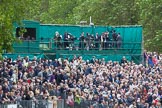 Trooping the Colour 2012: Huw Edwards and his team commenting live for the BBC during the March Past from the green cabin on the left, TV crews and photographers on one of the press stands..
Horse Guards Parade, Westminster,
London SW1,

United Kingdom,
on 16 June 2012 at 11:34, image #393