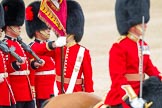 Trooping the Colour 2012: The Ensign, Second Lieutenant H C Codrington, carrying the Colour during the March Past. On the right the Major of the Parade, on the left No. 1 Guard, the Escort to the Colour..
Horse Guards Parade, Westminster,
London SW1,

United Kingdom,
on 16 June 2012 at 11:35, image #403