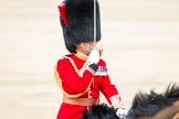 Trooping the Colour 2012: The Field Officer in Brigade Waiting, Lieutenant Colonel R C N Sergeant, Coldstream Guards, saluting to Her Majesty..
Horse Guards Parade, Westminster,
London SW1,

United Kingdom,
on 16 June 2012 at 11:40, image #457