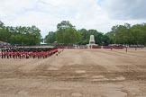 Trooping the Colour 2012: Horse Guards Parade as the troops are getting ready for the March Off, the Massed Bands in position on the left, No. 1 to No. 6 Guard in front of the Guards Memorial, and the Household Cavalry leaving towards The Mall on the right..
Horse Guards Parade, Westminster,
London SW1,

United Kingdom,
on 16 June 2012 at 12:07, image #632