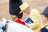 Trooping the Colour 2012: HM The Queen is leaving the saluting base at the end of the parade to enter her carriage..
Horse Guards Parade, Westminster,
London SW1,

United Kingdom,
on 16 June 2012 at 12:09, image #652