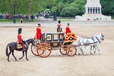 Trooping the Colour 2012: The Glass Coach carrying HM The Queen and HRH The Duke of Edinburgh at the end of the parade. Behind HRH The Prince of Wales, in the centre of the image, behind the coach, the Field Officer..
Horse Guards Parade, Westminster,
London SW1,

United Kingdom,
on 16 June 2012 at 12:11, image #668