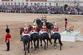 Trooping the Colour 2012: The March Off -  four troopers from The Life Guards, at the right of the saluting base the four troopers from The Blues and Royals..
Horse Guards Parade, Westminster,
London SW1,

United Kingdom,
on 16 June 2012 at 12:13, image #684