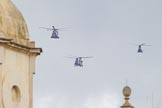 Trooping the Colour 2012: The flypast:  A Merlin-, Chinook-, and Puma helicopter about to fly over Horse Guards Building..
Horse Guards Parade, Westminster,
London SW1,

United Kingdom,
on 16 June 2012 at 12:59, image #713