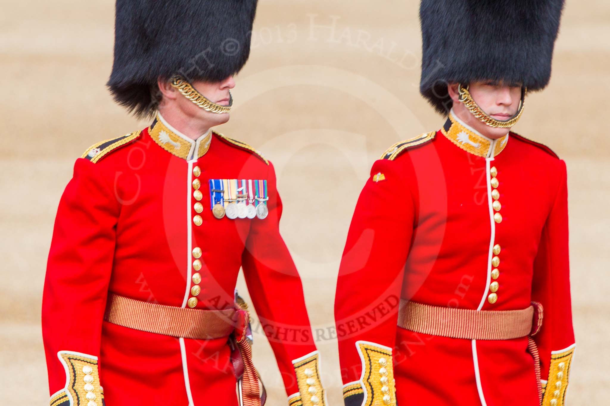 The Colonel's Review 2013: Major H S Llewelyn-Usher and Second Lieutenant A J N Smith, No. 3 Guard, 1st Battalion Welsh Guards, following the Keepers of the Ground to Horse Guards Arch..
Horse Guards Parade, Westminster,
London SW1,

United Kingdom,
on 08 June 2013 at 09:53, image #21